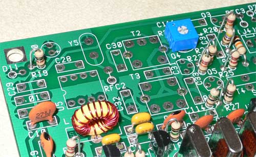 Photograph of PCB with transmit mixer and driver resistors fitted