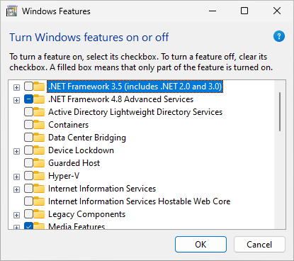 Screen snapshot of Windows 11 window 'Windows Features'