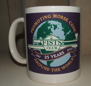 Photograph of the FISTS 25th Anniversary Mug with the full size lilac version of the anniversary logo