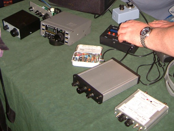 Close up photograph of Paul M0BMN's QRP (low power) CW transceivers at the NARSA Norbreck Rally in April 2010