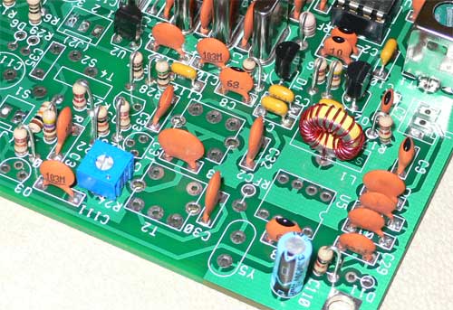 Photograph of PCB with transmit mixer and driver capacitors fitted