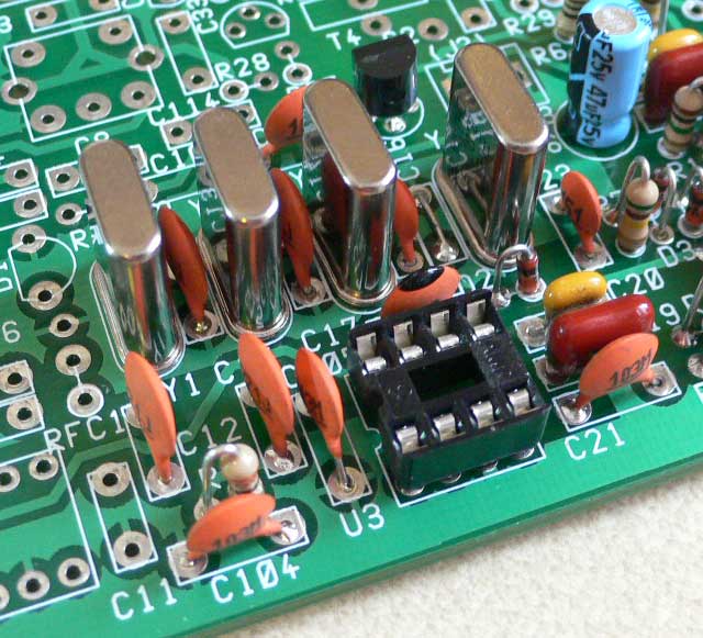 Photograph of PCB showing the filter crystals and U3 socket fitted