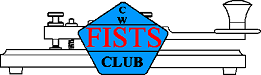 FISTS logo containing 'CW FISTS CLUB' in blue pentagon over an outline drawing of a straight key.
